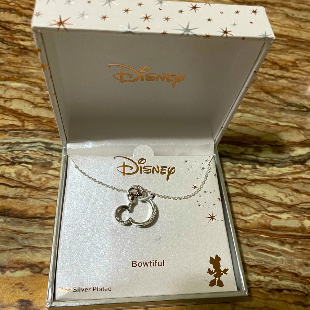 DISNEY Minnie Mouse Silver Crystal Rose Gold Bow Pendant Necklace - Picture 1 of 2